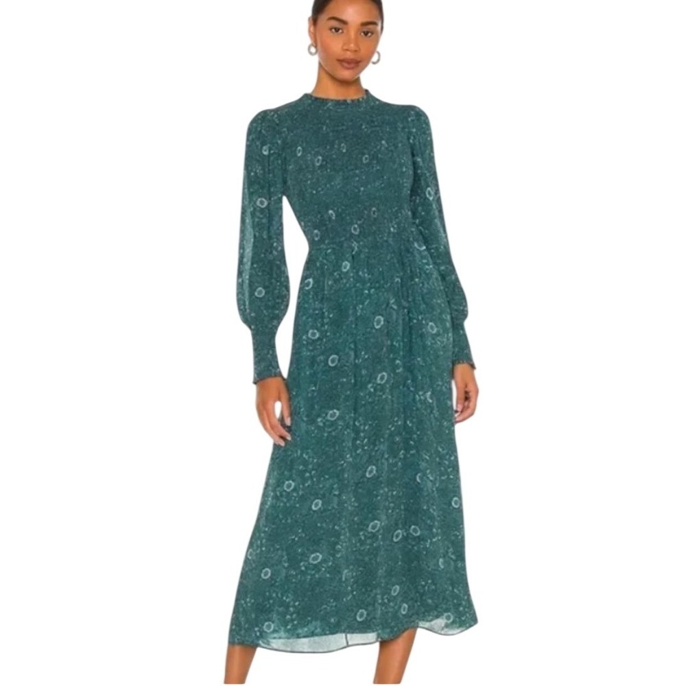Madwell Crinkle Georgette Lucie Tie-Back Midi Dress Woodland Floral Green M